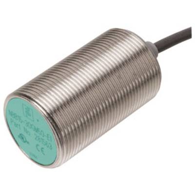 Cylindryczny czujnik zbliżeniowy z metalową obudową i zieloną płaszczyzną czołową, przewód przyłączeniowy u góry. Idealny do bezdotykowego wykrywania obiektów.
