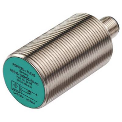 Cylindryczny czujnik indukcyjny firmy Pepperl+Fuchs, model NBB50-U1-E2-V1. Obudowa metalowa z zielonym etykietą i specyfikacjami technicznymi.