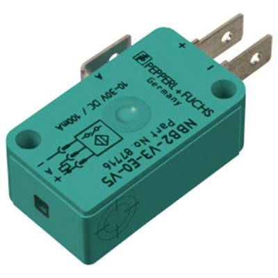 Prostokątny, zielony czujnik zbliżeniowy firmy Pepperl+Fuchs o numerze produktowym NBB2-V3-E0-V1.