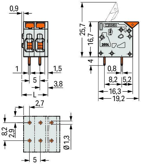 Rysunek techniczny przełącznika z wymiarami: wysokość 25,7 mm, szerokość 16,7 mm, głębokość 16,9 mm. Widok przekroju i widok z góry.