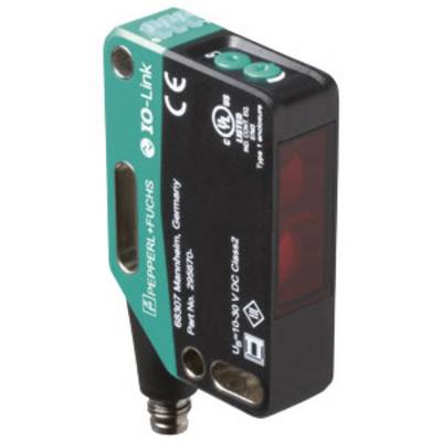 Czujnik IO-Link firmy Pepperl+Fuchs z oznaczeniem CE, model 3RG63. Posiada złącza oznaczone jako "IN" i "OUT".