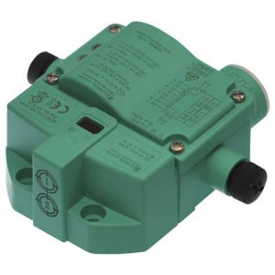 Zielony elektroniczny czujnik z oznakowaniem, przewodami przyłączeniowymi i dwoma śrubami mocującymi, przeznaczony do zastosowań przemysłowych.