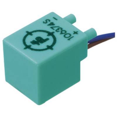 Mały, prostokątny, zielony kondensator z napisem '1063745', dwa przewody podłączeniowe u góry, symbol obwodu elektrycznego, znak plus.