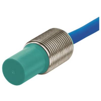 Cylindryczny metalowy złącz z zieloną plastikową głowicą i niebieskim przewodem, prawdopodobnie czujnik lub przełącznik.
