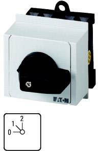 Biały przełącznik Eaton z czarnym pokrętłem, obok którego znajduje się grafika przedstawiająca stopnie '0', '1', '2' na skali.