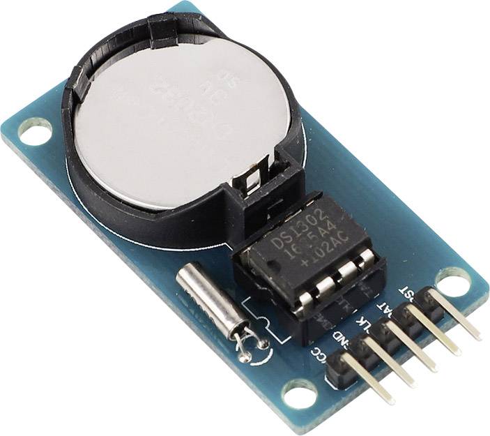 Moduł czasowy z baterią, złączami i chipem do precyzyjnego pomiaru czasu. Zawiera symboliczne oznaczenie.