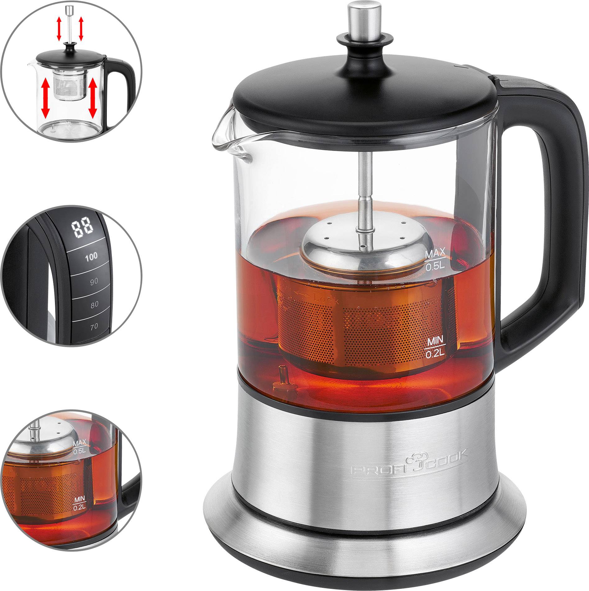 Elektryczny czajnik z czarną rączką, podstawą ze stali nierdzewnej i wyświetlaczem cyfrowym. Prezentuje czerwoną herbatę, wskaźniki poziomu wody i ustawienia temperatury.