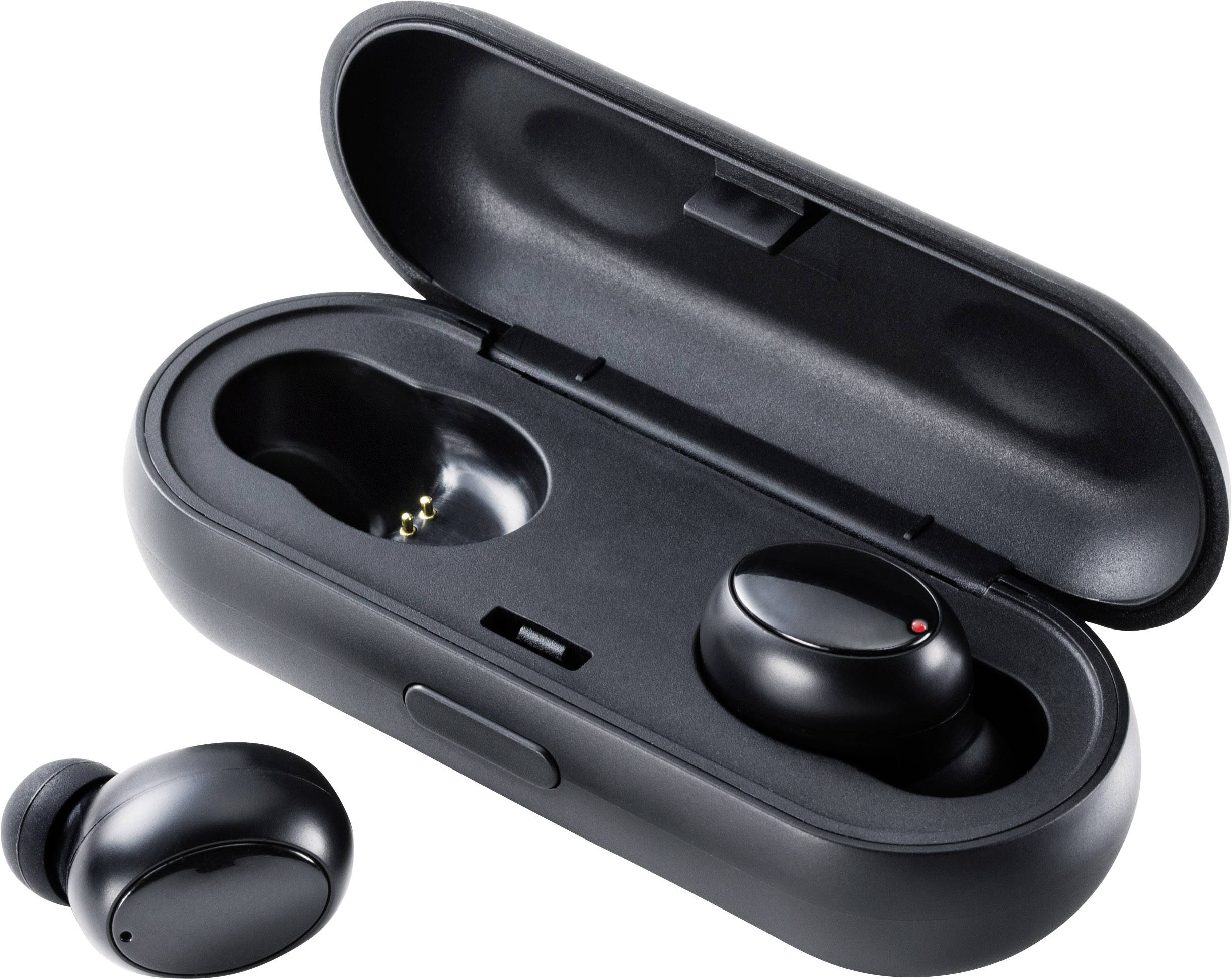 Bezprzewodowe czarne słuchawki douszne w otwartym etui ładującym, jeden słuchawka leżąca obok.