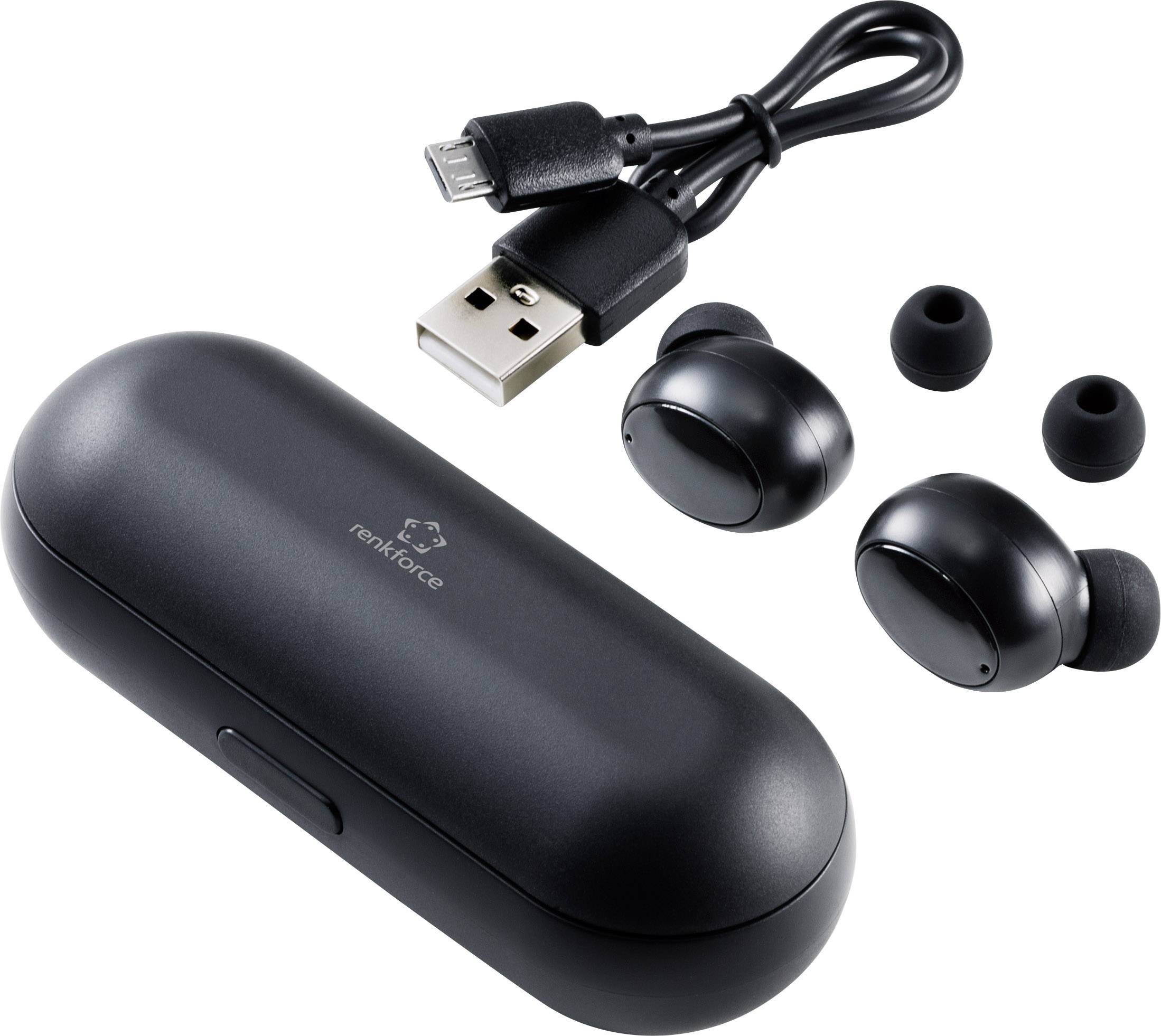 Bezprzewodowe czarne słuchawki douszne z etui ładującym, kablem USB i zapasowymi nakładkami.