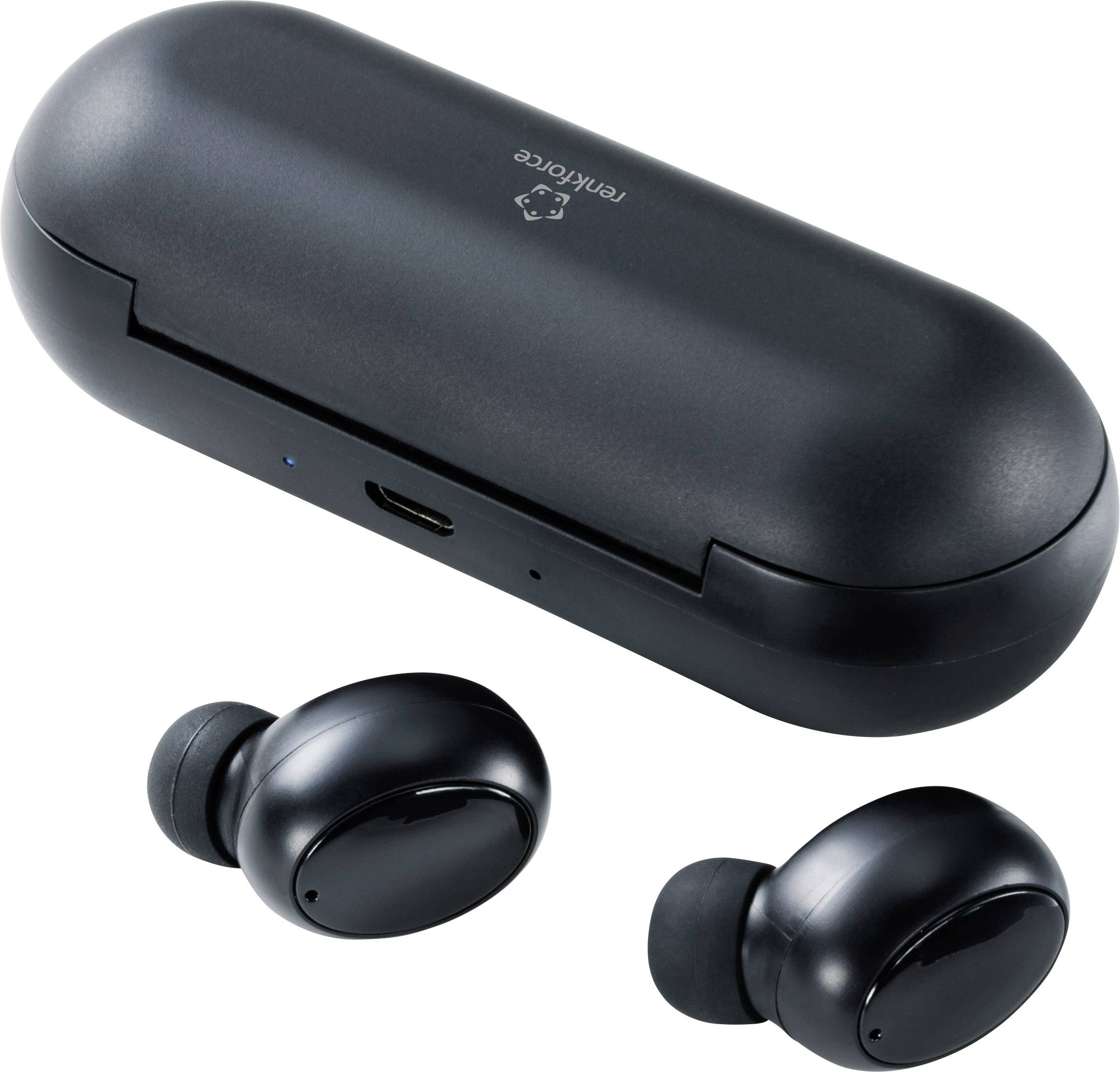 Czarne bezprzewodowe słuchawki douszne i etui ładujące na białym tle.