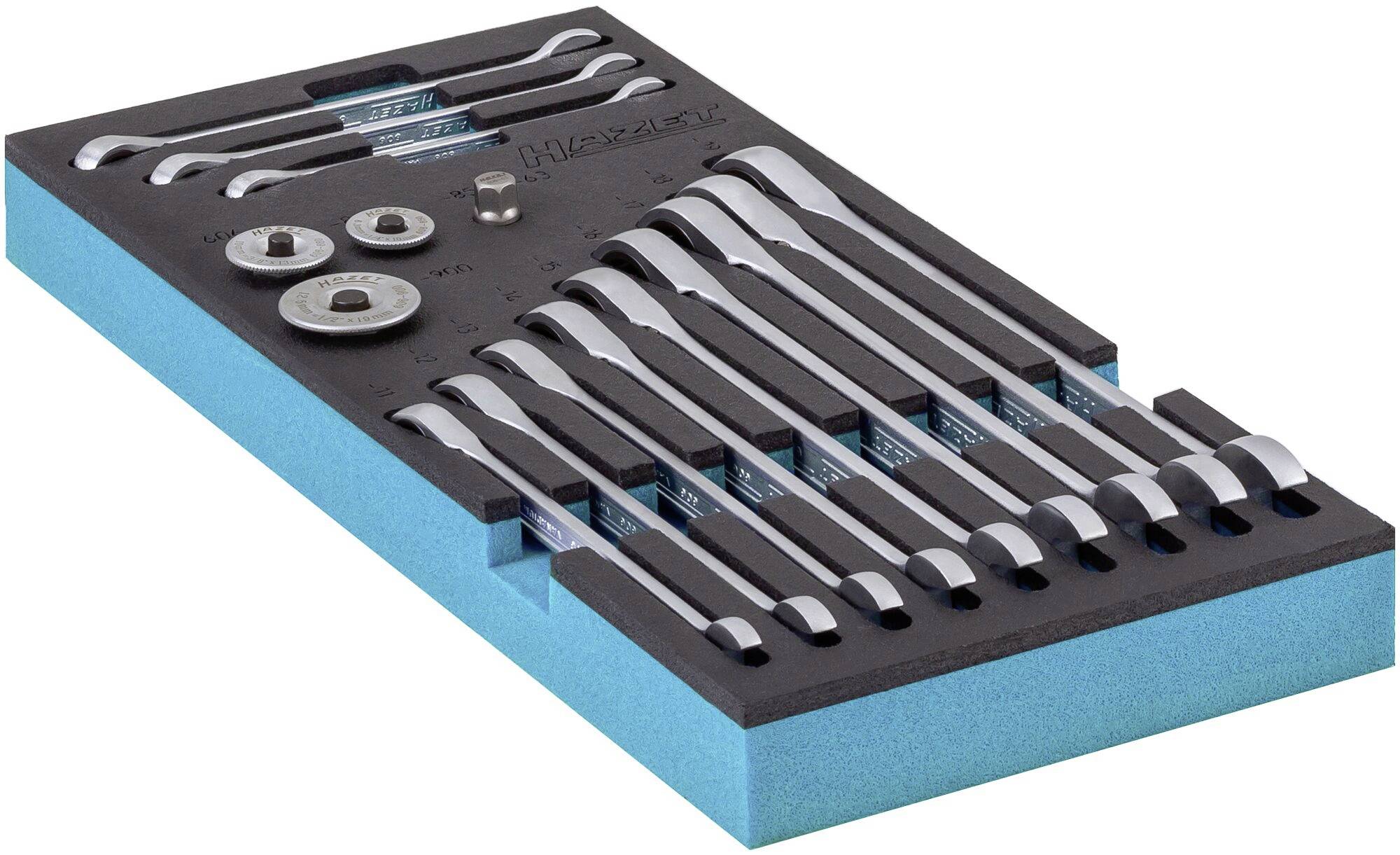 Kompletny zestaw młotków i dłut w wkładce piankowej, składający się z różnych rozmiarów dłut i narzędzi okrągłych.