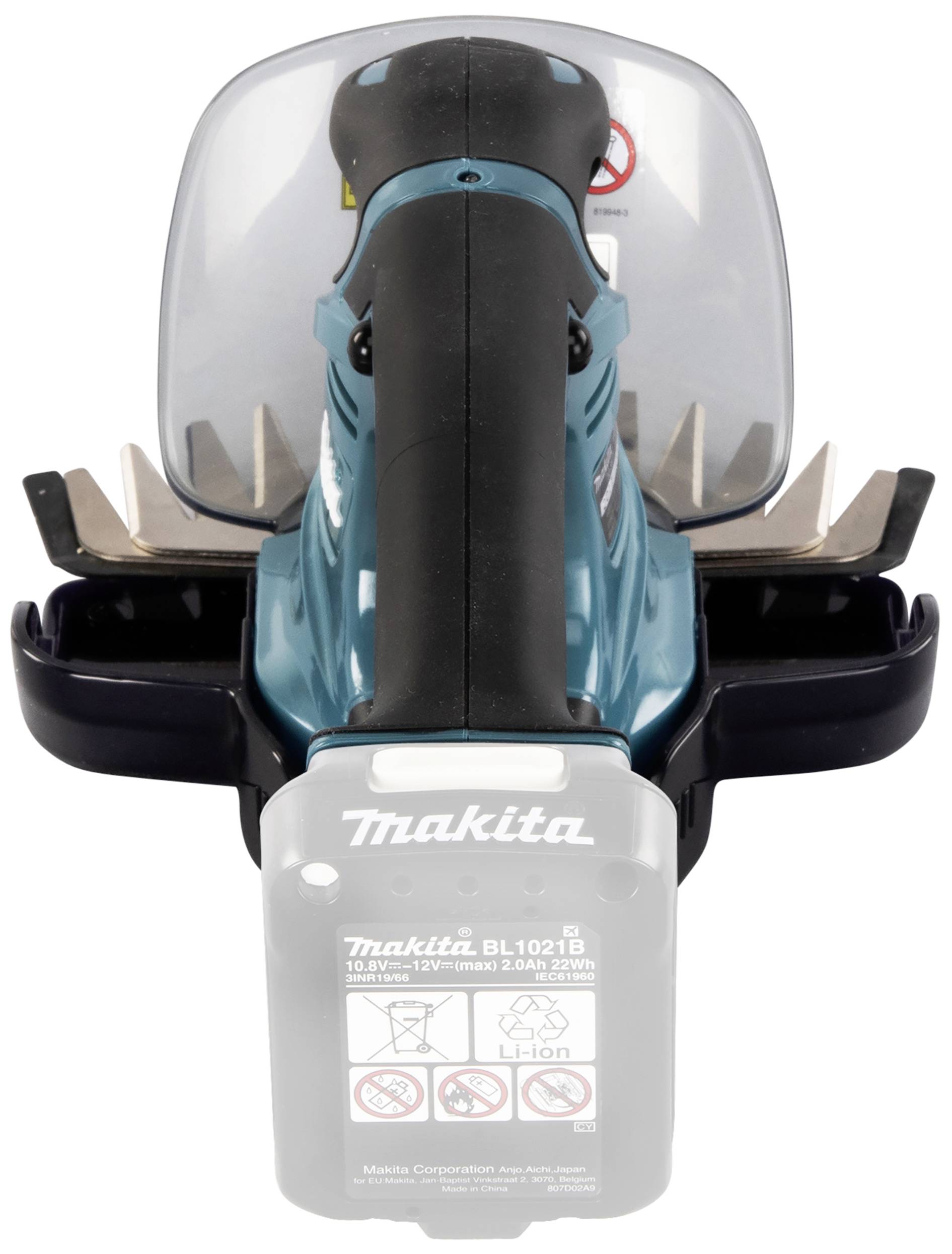 Niebiesko-czarne urządzenie Makita z osłoną ochronną i dwoma ostrzami, używane do przycinania roślin lub żywopłotów.