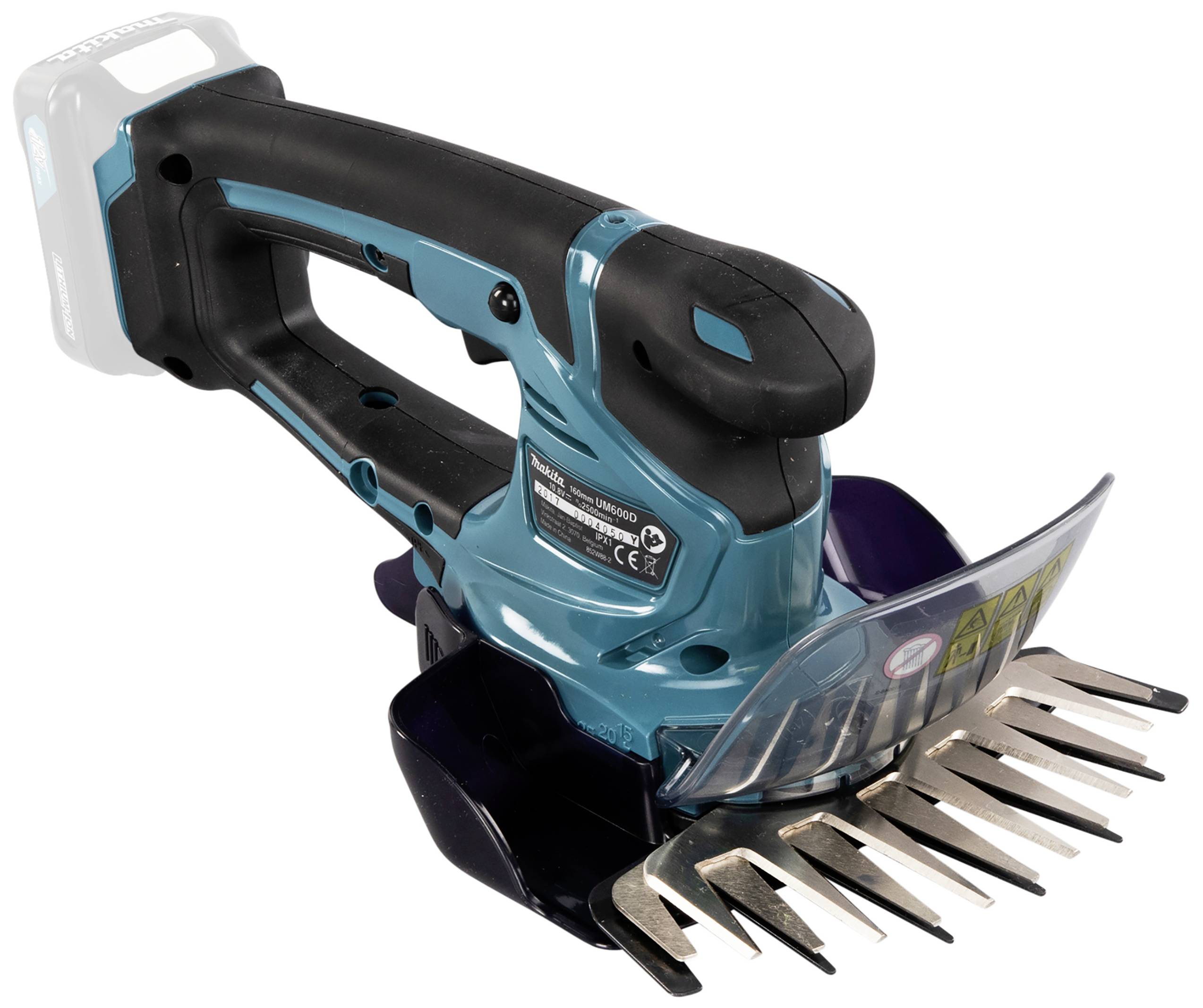 Elektryczny nożyce do żywopłotu w kolorze niebieskim z czarną rękojeścią, odpowiednie do przycinania krzewów i małych gałęzi.