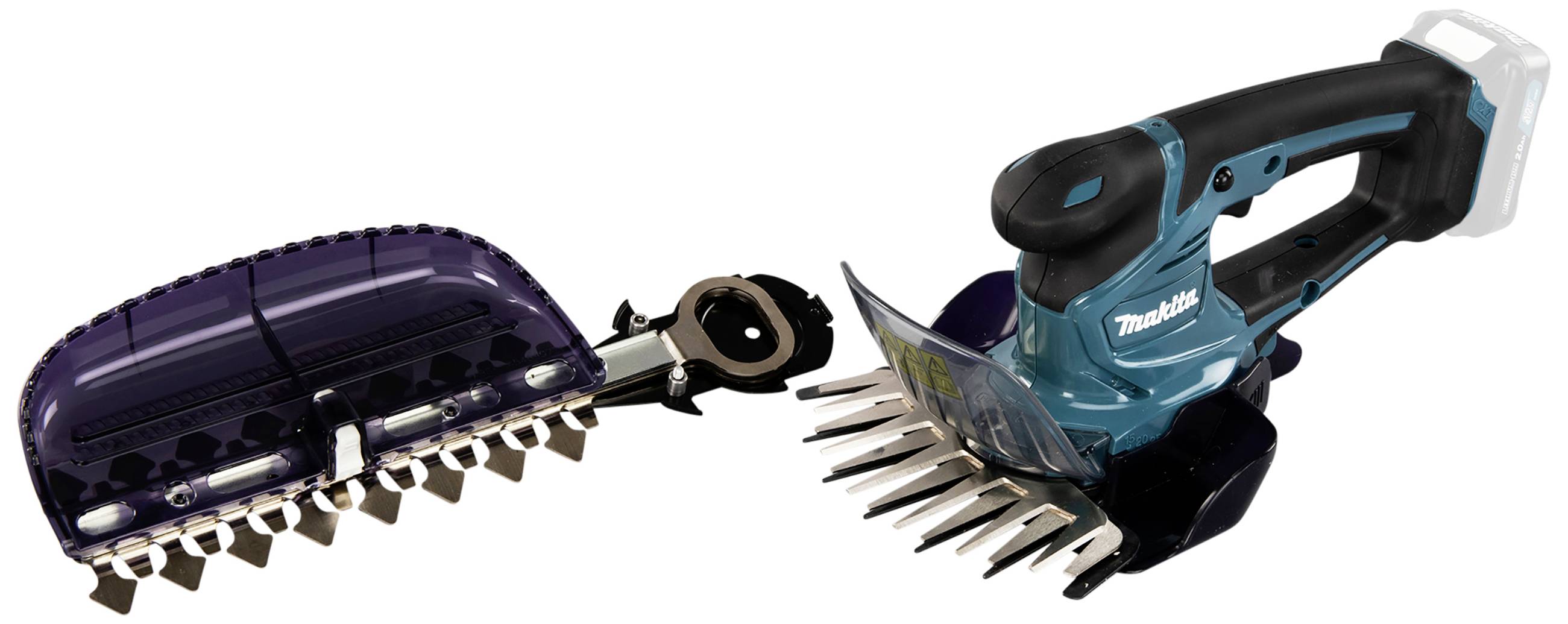 Akumulatorowe, bezprzewodowe nożyce do żywopłotu w kolorze czarnym i turkusowym, obok których znajduje się zdejmowany osprzęt tnący.