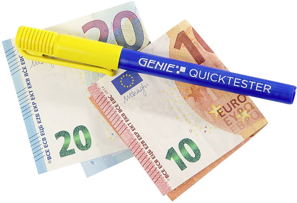 Na niebieskim banknocie leży niebieski pisak do sprawdzania autentyczności banknotów, umieszczony na banknocie 20-euro i 10-euro, aby sprawdzić ich prawdziwość.
