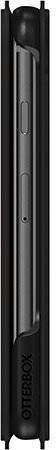 Widok z boku czarnego etui ochronnego na smartfona. Prawa strona ukazuje przyciski regulacji głośności. Nazwa marki 'OtterBox'.
