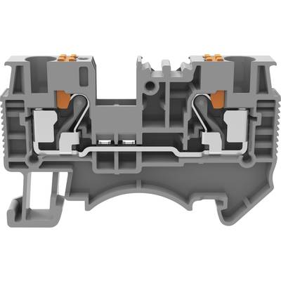 Szara elektryczna listwa zaciskowa z technologią przyłącza sprężynowego. Mocowanie przewodu widoczne wewnątrz, dwa metalowe zaciski widoczne od góry.