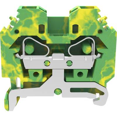 Zielony i żółty elektryczny blok zaciskowy z metalowymi elementami stykowymi, używany do połączeń kablowych w urządzeniach elektrycznych.