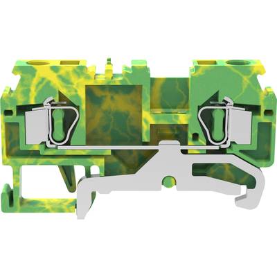 Zielony i żółty element z metalowymi zaciskami, prawdopodobnie złącze elektryczne lub listwa zaciskowa, w zbliżeniu.