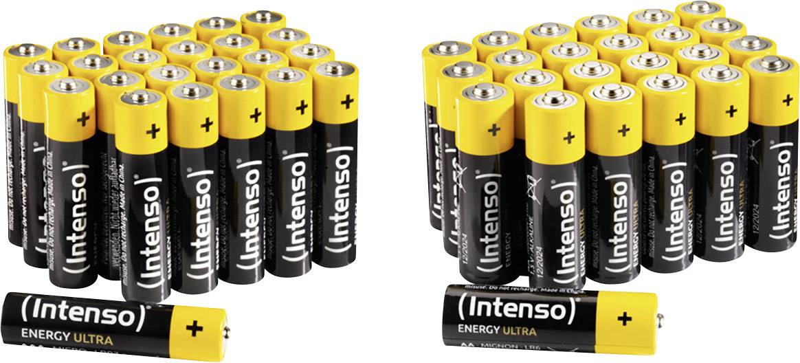 Baterie 'Intenso Energy Ultra': Dwie grupy czarno-żółtych baterii AA. Po lewej 20 sztuk, po prawej 24 sztuki, każda z biegunem dodatnim i ujemnym.