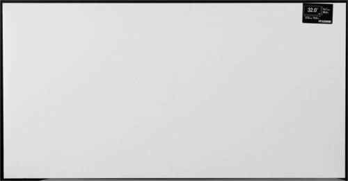 Prostokątny, biały grzejnik z małym, czarnym wyświetlaczem w rogu, który wskazuje rozmiar '32.0"' oraz model 'PLX3000'.