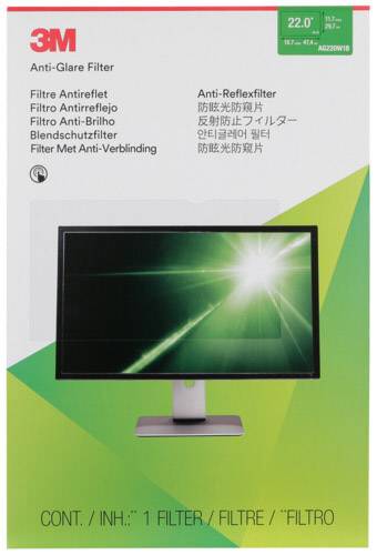Opakowanie filtra przeciwodblaskowego '3M Anti-Reflexfilter' z ilustracją monitora wykorzystującego filtr. Filtr redukuje odblaski na ekranie.
