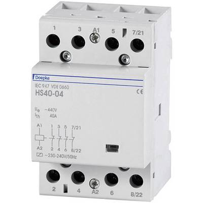 Szary przekaźnik Doepke Schaltschütz HS40-04 z oznaczeniem 'Ith 40A' oraz '230-240V/50Hz' do instalacji elektrycznych, widok z przodu.