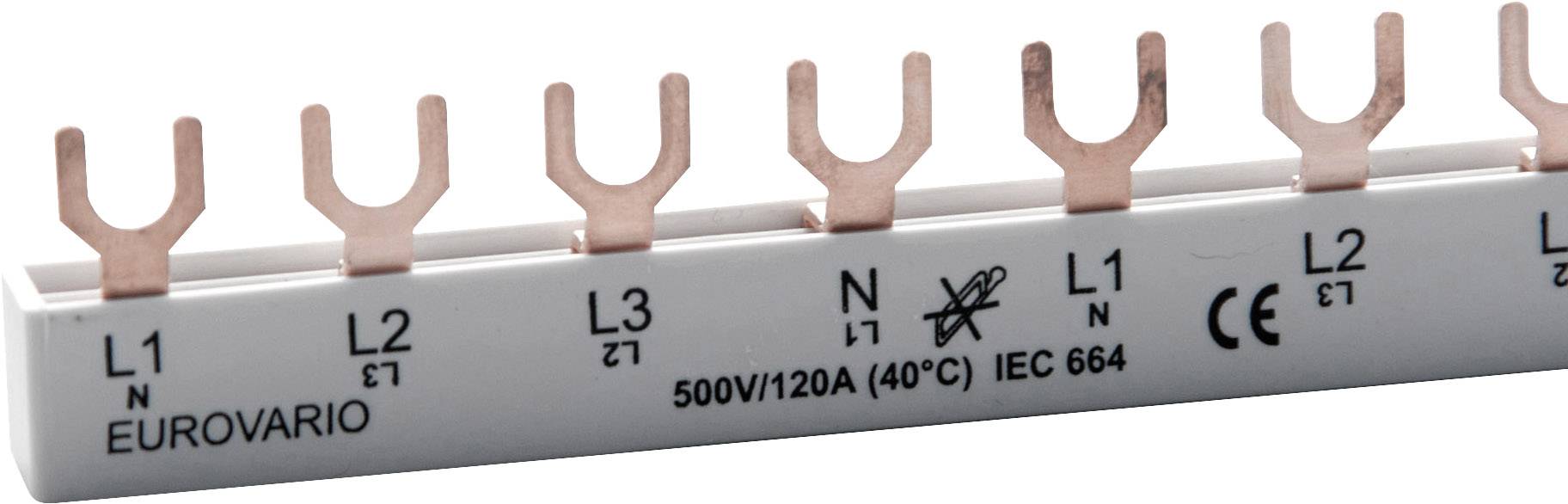 Szyna miedziana z wieloma zaciskami, oznaczona symbolami L1 do L3, N oraz IEC 664, przystosowana do 500V/120A przy 40°C. Oznaczenia: L1, L2, L3.