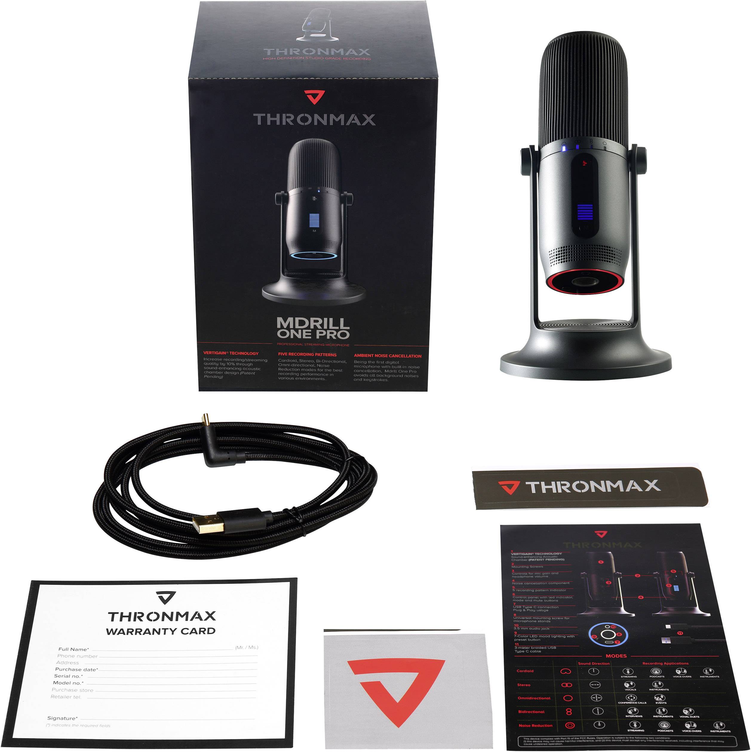 Zestaw mikrofonowy składający się z mikrofonu Thronmax Mdrill One Pro, instrukcji obsługi, karty gwarancyjnej oraz kabla USB. Idealny do nagrań audio.