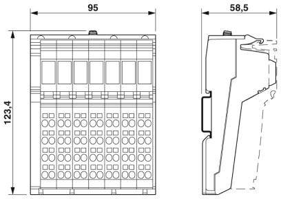 Rysunek techniczny urządzenia z wymiarami: szerokość 95 mm, wysokość 123,4 mm, głębokość 58,5 mm. Przedstawiono widok czołowy i boczny.