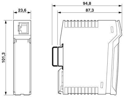 Rysunek techniczny prostokątnego urządzenia o wymiarach: wysokość 101,3 mm, szerokość 23,6 mm, głębokość 94,8 mm.