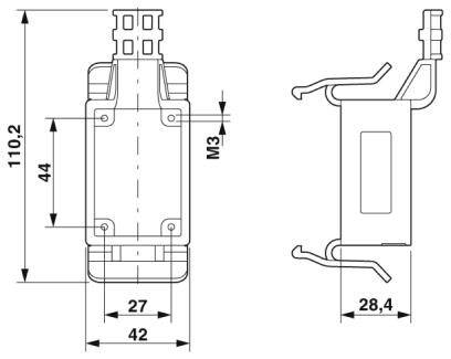 Rysunek techniczny elementu z wymiarami: wysokość 110,2 mm, szerokość 42 mm, głębokość 28,4 mm, punkty mocowania M3.