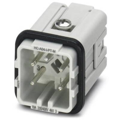 Biała elektryczna wtyczka z czterema metalowymi pinami, obramowana na czarno, z mocowaniem śrubowym u góry, napis na dole: 10A 230/400V 4kV 3.