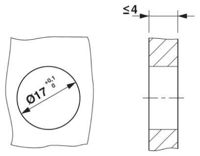 Rysunek techniczny elementu: Koło o średnicy 17 mm (+0,1/0) i maksymalnej grubości 4 mm.