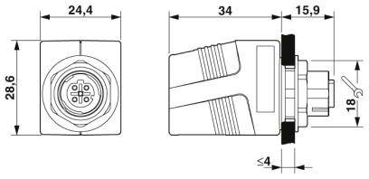 Rysunek techniczny złącza z wymiarami: 24,4 mm x 28,6 mm i 34 mm głębokości. Szczegółowy widok z boku i z góry.