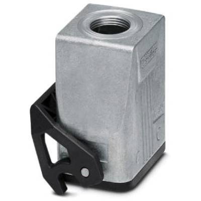 Kwadratowa metalowa obudowa z czarnym plastikowym uchwytem z boku. Na górze widoczny jest gwint.