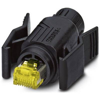 Czarny adapter sieciowy z żółtym wtykiem RJ45, używany do połączeń Ethernet, na neutralnym tle.