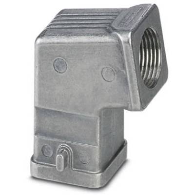 Srebrny metalowy wtyk o kątowym designie, z żebrowaną górną częścią i gwintem bocznym, prawdopodobnie przeznaczony do połączenia kablowego.
