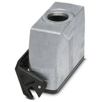 Metalowy złącz elektryczny z czarnym plastikowym hakiem w lewym dolnym rogu. Stosowany w zastosowaniach przemysłowych.