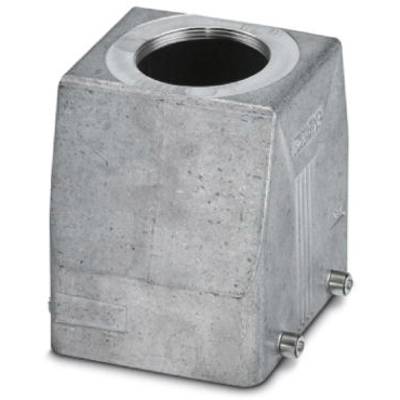 Obudowa metalowa, o prostokątnym kształcie, z okrągłym otworem u góry, w kolorze szaro-srebrnym, przeznaczona do zastosowań przemysłowych lub w budowie maszyn.