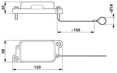 Rysunek techniczny czujnika. Na górze z wymiarami: 32 mm wysokości, 150 mm długości, 18 mm średnicy przewodu, 133 mm szerokości.