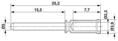 Rysunek techniczny pióra z wymiarami. Całkowita długość 25,2 mm, średnica 2 mm. Oznaczenia przy 15,2 mm i 7,7 mm, element końcowy Ø3,9 mm x Ø2,3 mm.