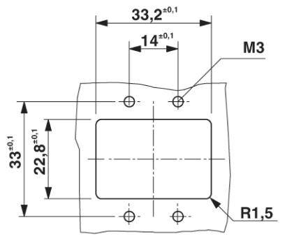 Rysunek techniczny prostokątnego elementu z otworami. Wymiary: szerokość 33,2 mm, wysokość 33 mm. Szczegóły: R1,5, gwint M3.