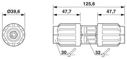 Rysunek techniczny złącza sprzęgłowego z wymiarami: długość całkowita 125,6 mm, szerokość 39,6 mm, z wymiarami 47,7 mm oraz rozmiarami kluczy 30 mm i 32 mm.