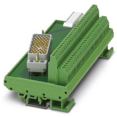 Zielony elektryczny moduł wtykowy z wieloma złączami pinowymi i zaciskami śrubowymi, przeznaczony do stosowania w przemysłowych systemach sterowania.
