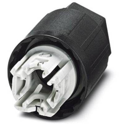 Czarny cylindryczny złącznik z białymi elementami wewnętrznymi. Służy do połączeń elektrycznych w urządzeniach technicznych.