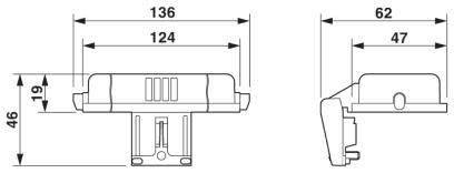 Rysunek techniczny elementu z wymiarami: długość 136 mm, szerokość 62 mm, wysokość 46 mm. Widok z boku i z przodu.