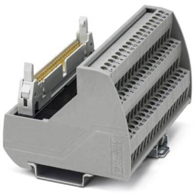 Szary elektryczny blok terminalowy z wieloma zaciskami śrubowymi do mocowania kabli oraz dźwignią mechaniczną na górze, umożliwiającą łatwą instalację.