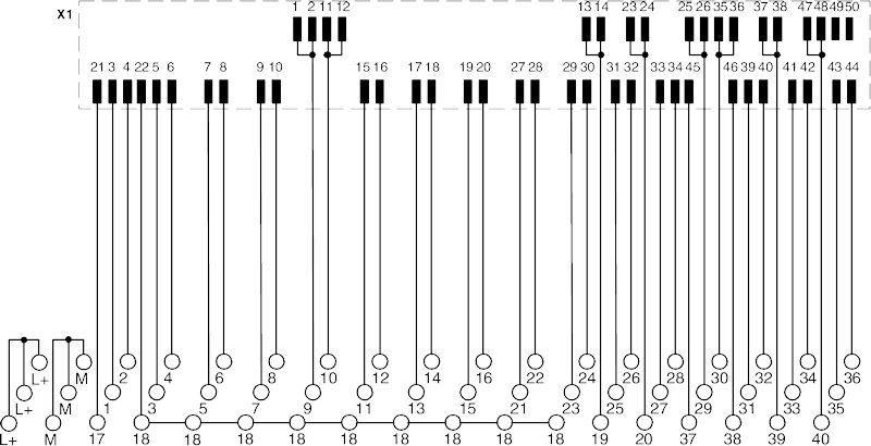 Schemat połączenia elektrycznego z zaciskami X1 do X50. Przewody prowadzą do styków 1 do 18. Powiązania i numeracja widoczne.
