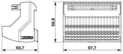Rysunek techniczny elektrycznego modułu przyłączeniowego firmy Phoenix Contact z wymiarami: szerokość 60,7 mm, wysokość 68,8 mm, długość 97,7 mm.